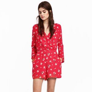 H&M Red Wrap Cutout Floral Romper with Pockets